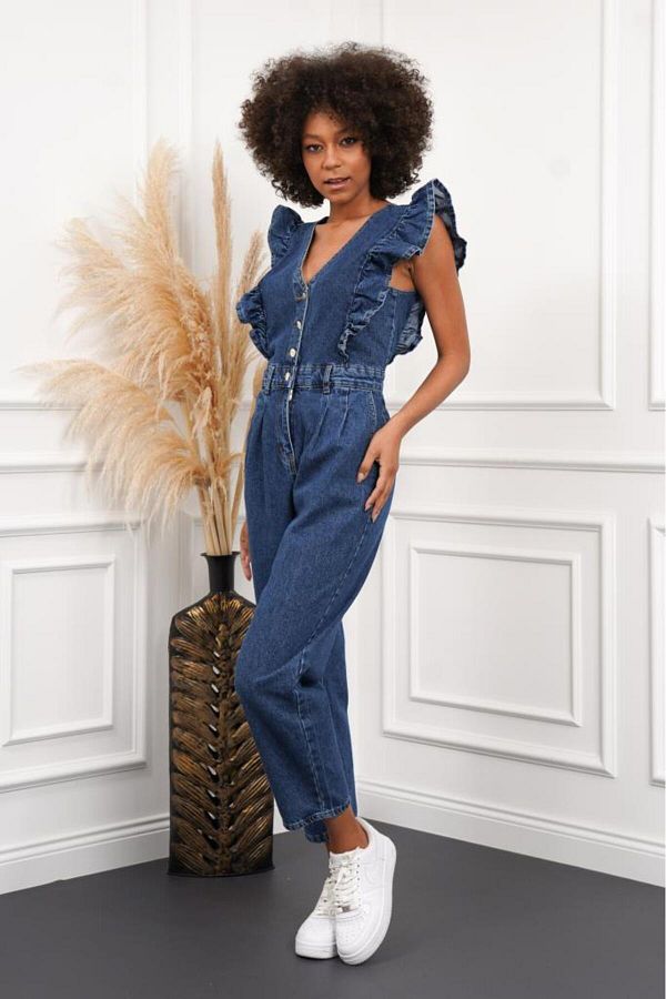 Denim ruffle jumpsuit store