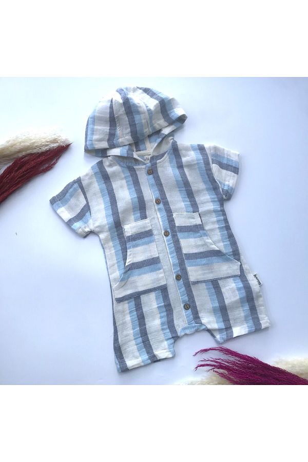 Miniworld-William Hooded Line Patterned Front Buttoned Muslin Jumpsuit 1