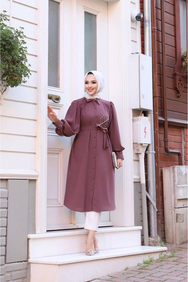 Tesettur Diyar Women s Hijab Clothing Linda Fabric Stone Detailed Tunic Dried Rose Trendyol