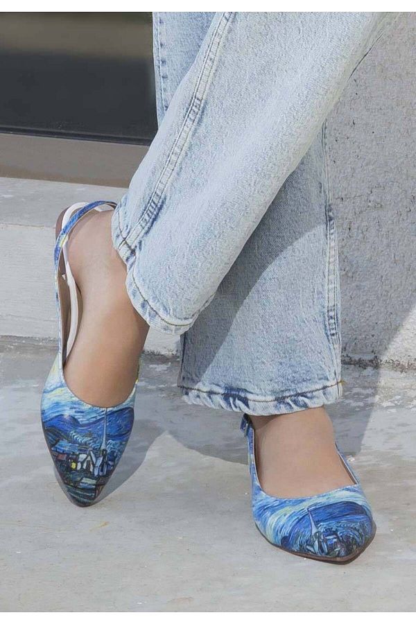 Dogo-Balerini albastri din piele vegană de damă - Vincent Van Gogh design noaptea înstelată 1
