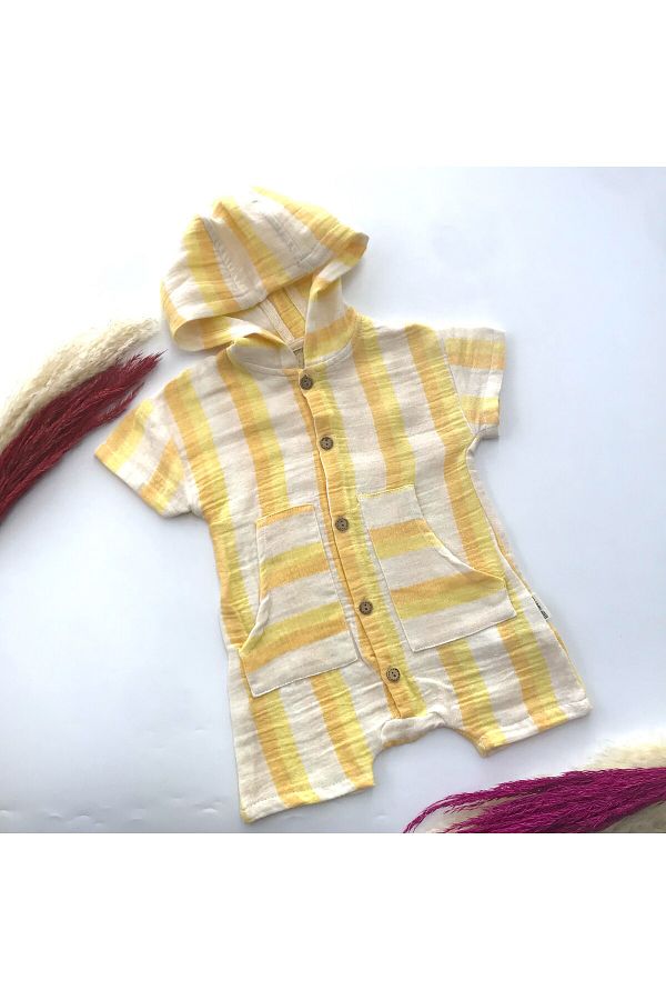 Miniworld-William Hooded Line Patterned Front Buttoned Muslin Jumpsuit 1