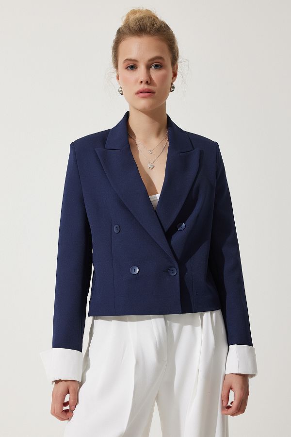 Happiness stanbul Women s Navy Blue Contrast Cuffed Short Blazer Jacket WF00070 Trendyol