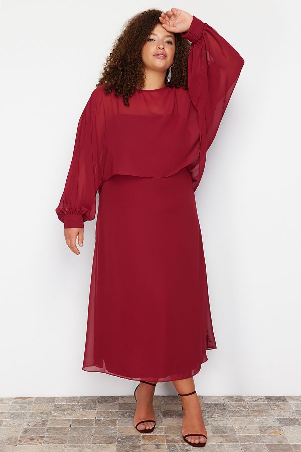 Trendyol Curve-Klaret Red Cape Detailní šifonové tkané šaty větší velikosti 1