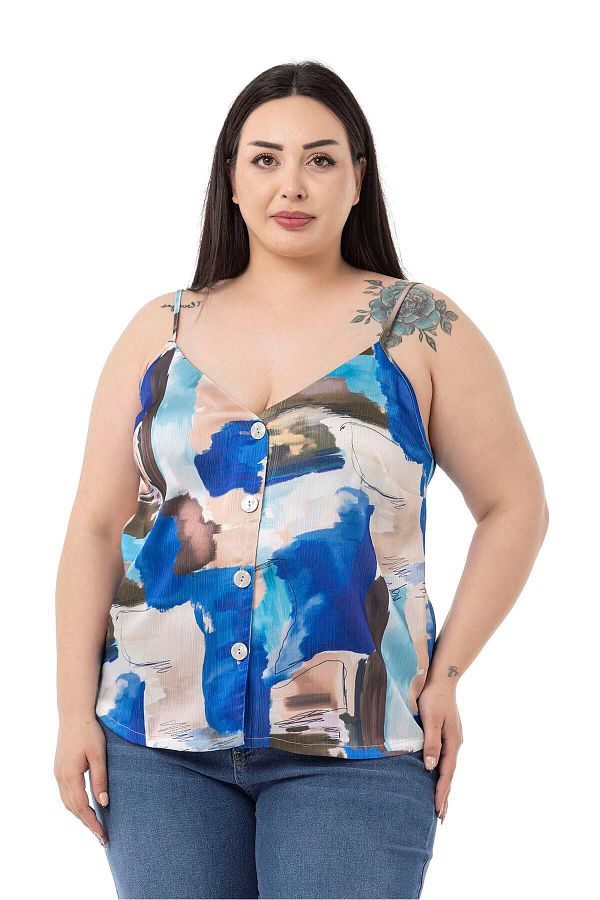 DISENTIS MODEST-Plus Size Adjustable Thin Strap Buttoned Front Tie-Dye Patterned Blue Blouse 1