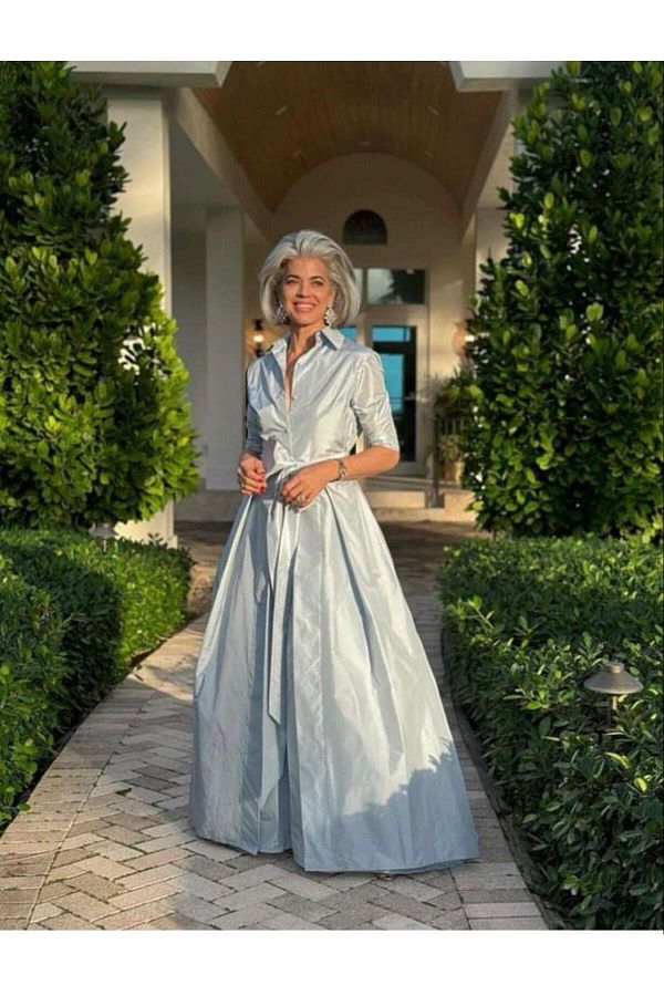 BerryRose Ice Blue Maxi Length Taffeta Shirt Dress with Belted Full Circle Skirt Trendyol