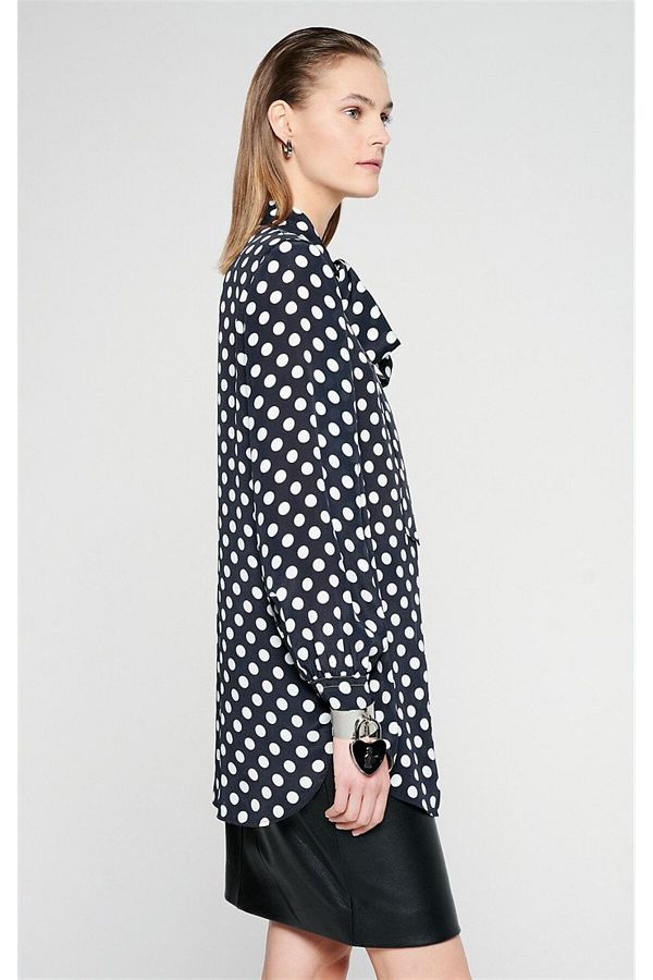 Escada Polka Dot Patterned Shawl Collar Long Sleeve Black Silk Blend Blouse Trendyol