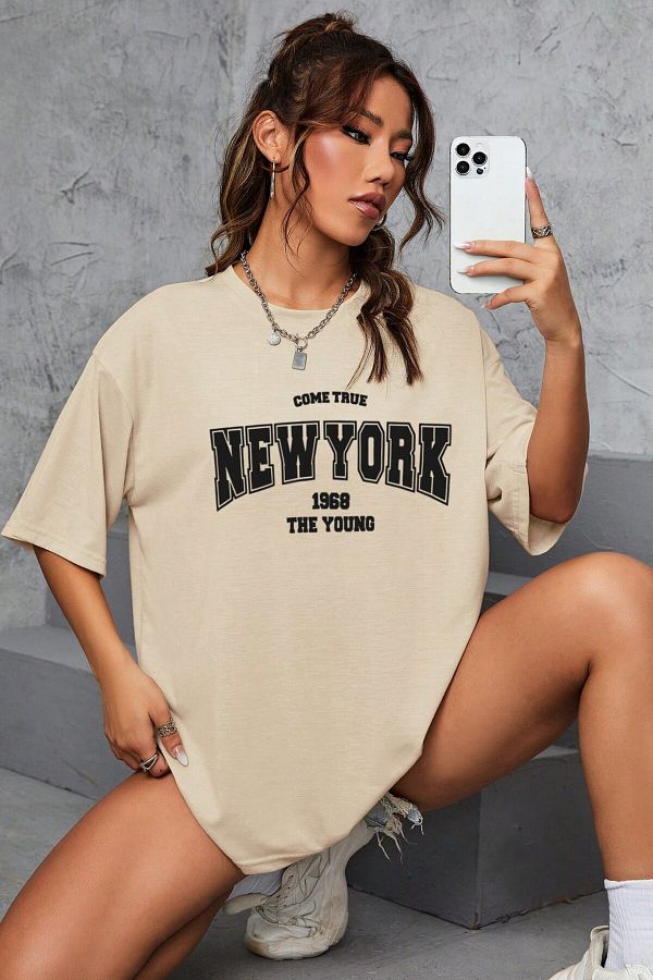 MODAGEN-Μπλουζάκι Unisex Beige Crew Neck New York Printed Oversize T-shirt 1