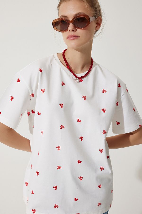 Happiness İstanbul-Women's White Heart 100% Cotton Oversize Long Knitted T-Shirt NJ00148 1