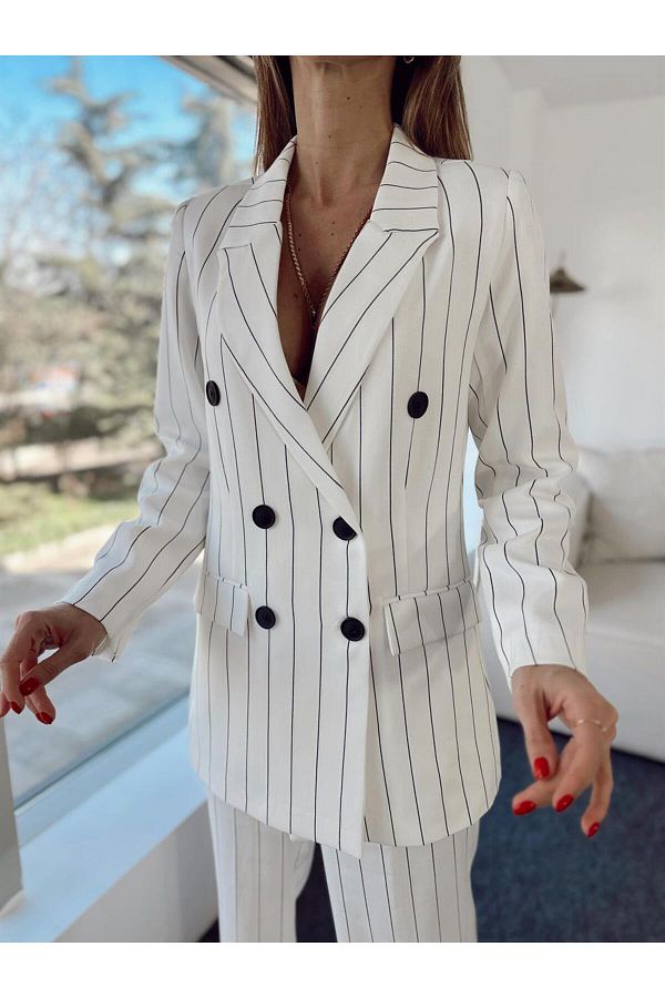 MALD A SHOP Women s Buttoned Double Breasted Striped White Blazer Jacket Trendyol