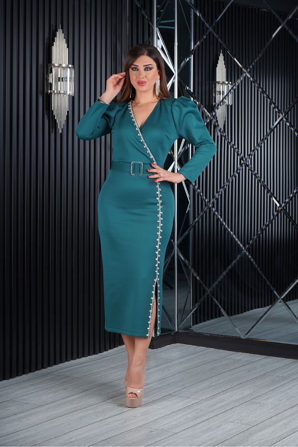CAREZZA Three Quarter Sleeve Knee Slit Dress Emerald Trendyol