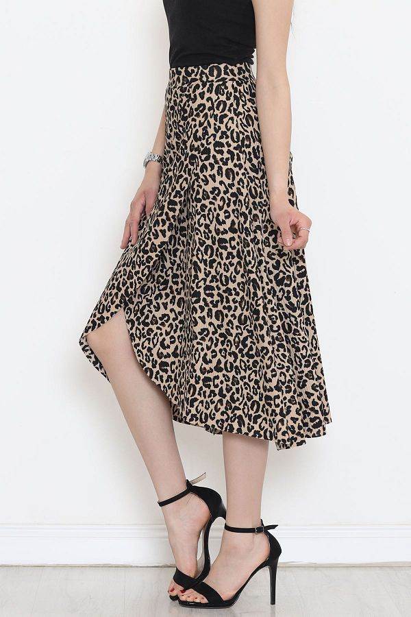 VEL ZADE Leopard Print Skirt with Ruffles High Waist Flounce Elastic Waist Slit Midi Length Flared Skirt 2250 Trendyol