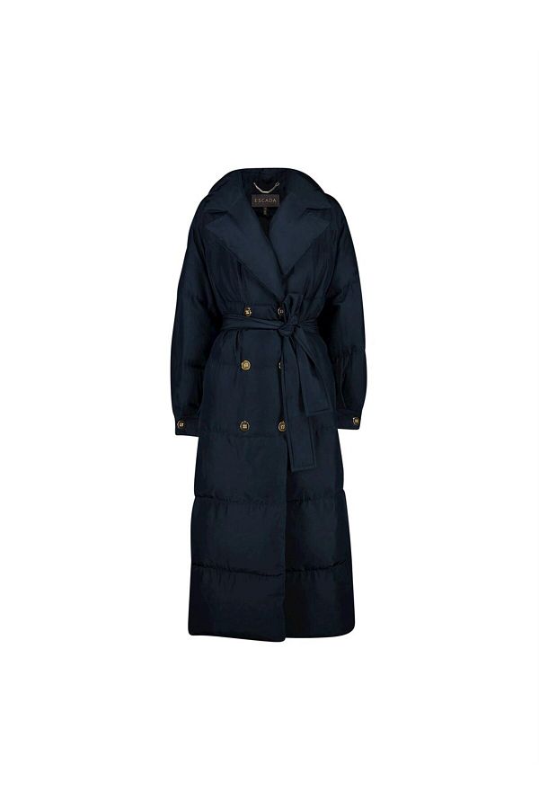 Escada Belted Long Size Navy Blue Goose Feather Puffer Jacket Trendyol