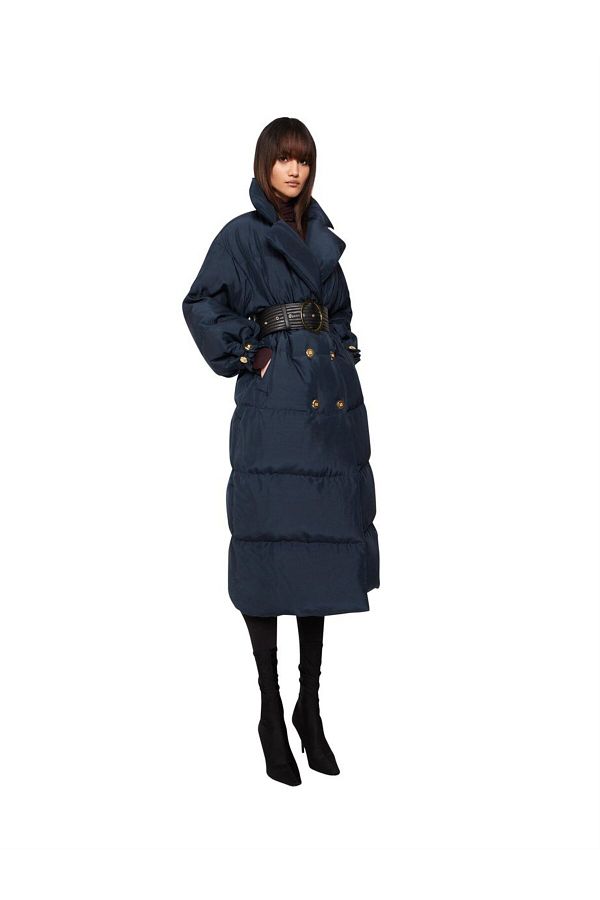 Escada Belted Long Size Navy Blue Goose Feather Puffer Jacket Trendyol