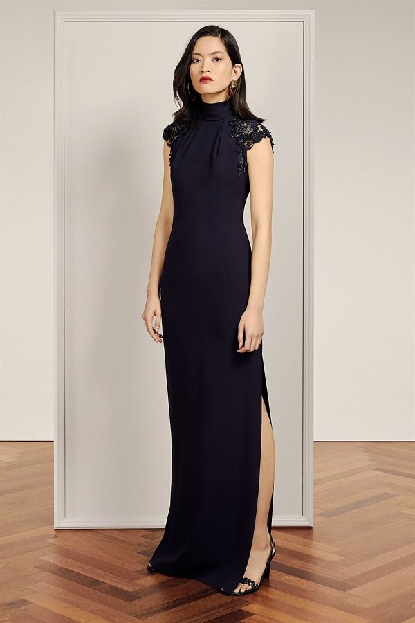 Escada Bead and Lace Detailed Long Navy Blue Evening Dress with Back Tie and Slit Trendyol