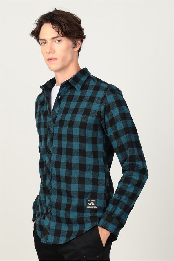 Tudors Slim Fit Long Sleeve Winter Lumberjack Checkerboard Pattern Men s Petrol Shirt Trendyol