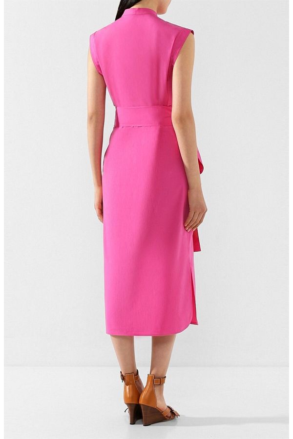 Escada Prevailing Collar Buttoned Belted Midi Length Slit Pink Cotton Dress Trendyol