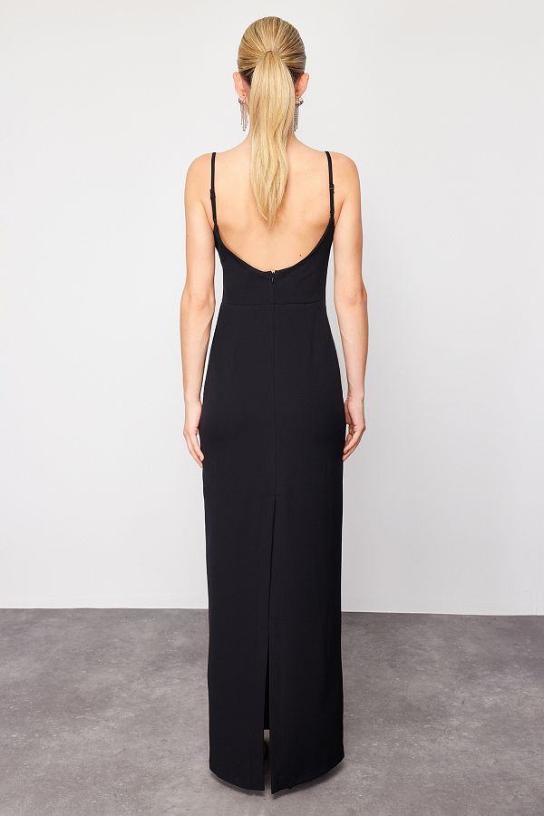 Trendyol Collection Black Body Fitted Strappy Woven Long Evening Dress TPRSS24AE00129 Trendyol