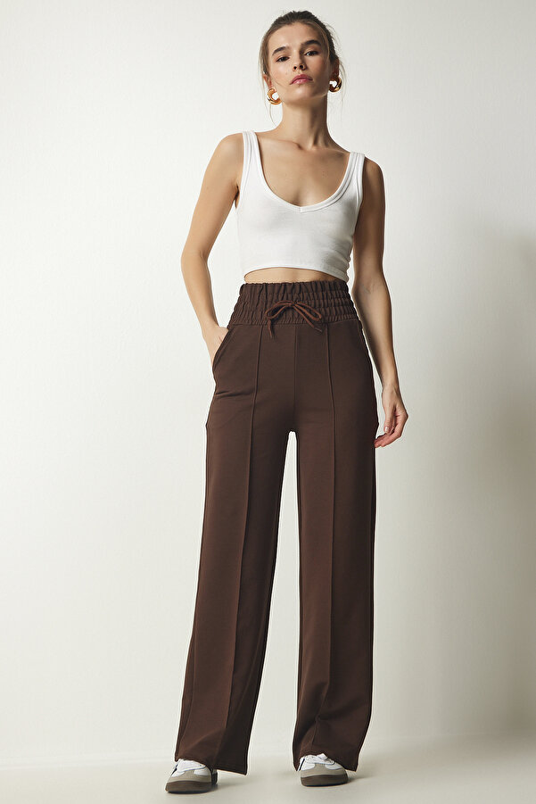 Happiness İstanbul Braune Basic-Strick-Jogginghose mit Taschen für