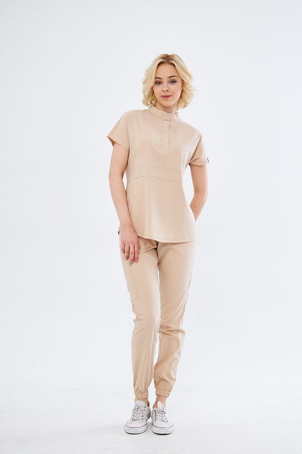 Class Üniforma-Nova - Μπεζ γυναικείο γιακά Lycra Judge Half Placket Snap Fastener Ευέλικτη φανέλα νοσοκόμας και γιατρού 1