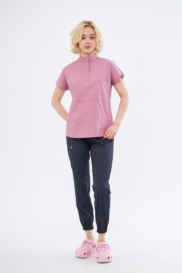 Class Üniforma-Nova - Scrubs flexibil din lycra afumat cu pulbere pentru femei, guler predominant și jumătate de plăcuță 1