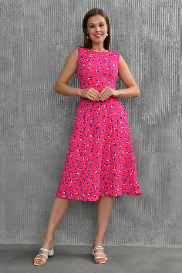 vuvutasarım-Rochie de damă, elastică, cu model floral, Seersucker, cu mâneci zero, cu buzunar, cu detaliu, cu decolteu, roz, fără mâneci, 102 1