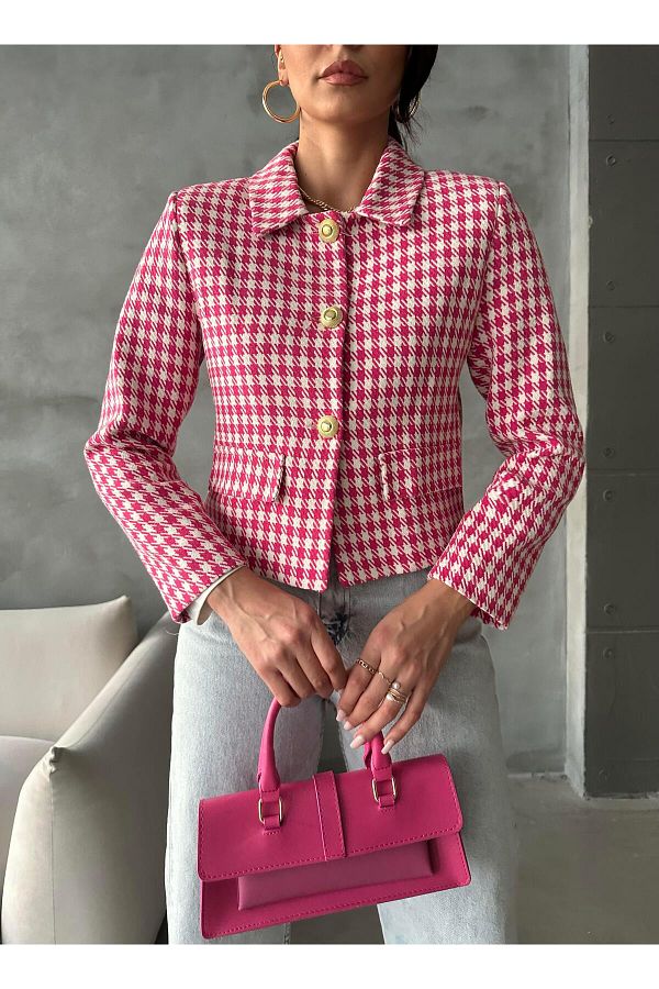 MALD A SHOP Women s Gold Button Houndstooth Pattern Short Blazer Pink Jacket Trendyol