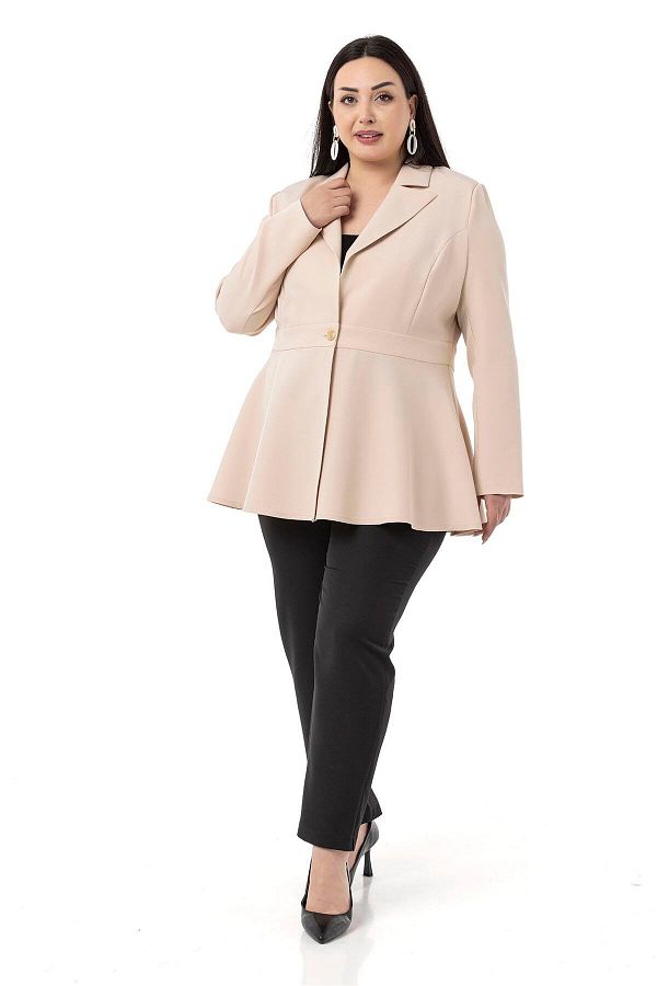 DISENTIS MODEST-Large Size Single Button Waist Band Detailed Flared Unlined Cream Jacket 1