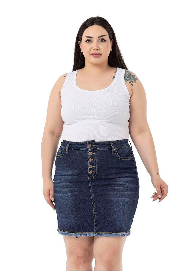 DISENTIS MODEST Plus Size Skirt Tasseled Button Detailed Navy Blue Denim Mini Skirt Trendyol