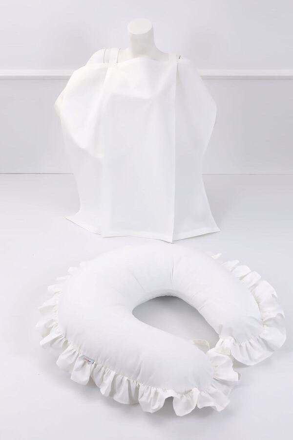 Umaybebek Emzirme Yastığı, Emzirme Önlüğü Set - Pamuklu Kumaş - Krem Fırfırlı