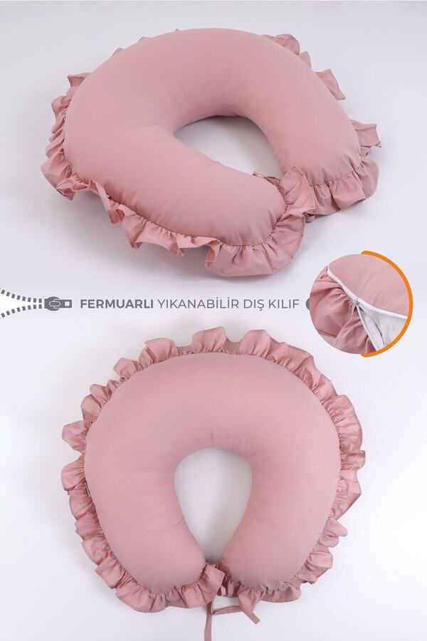 Umaybebek Emzirme Yastığı Minderi - %100 Pamuk - Pudra Fırfırlı