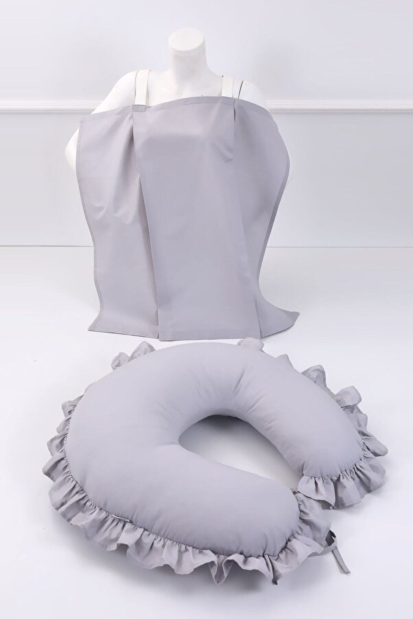 Umaybebek Emzirme Yastığı, Emzirme Önlüğü Set - Pamuklu Kumaş - Gri Fırfırlı