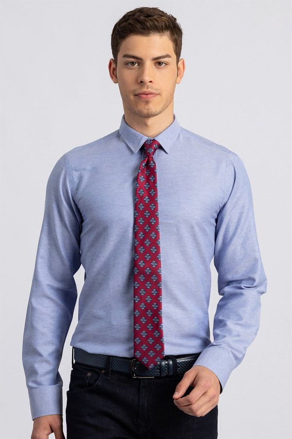 Tudors-Cămașă albastră pentru bărbați, din bumbac, cu mânecă lungă, slim fit, ușor de călcat Dobby 1