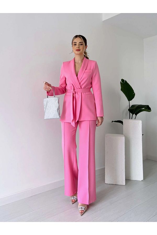 HARMONY GLOBAL Women s Pink Belted Blazer Jacket Pants Set 3058 Trendyol