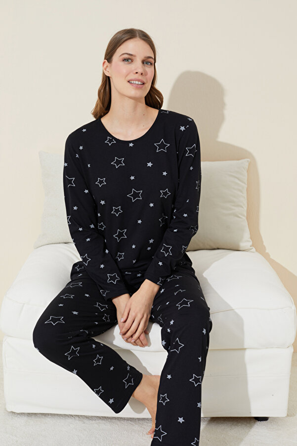 Siyah İnci Cotton Black Star Patterned Pajama Set- Trendyol