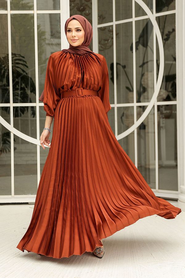 Neva Style Hijab Satin Evening Dress Dark Tan Dress 41204KTB Trendyol
