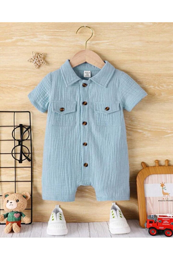 Bubito Unisex Bebek&Çocuk %100 Pamuklu Tahta Düğmeli Cepli Müslin Tulum-Turkuaz