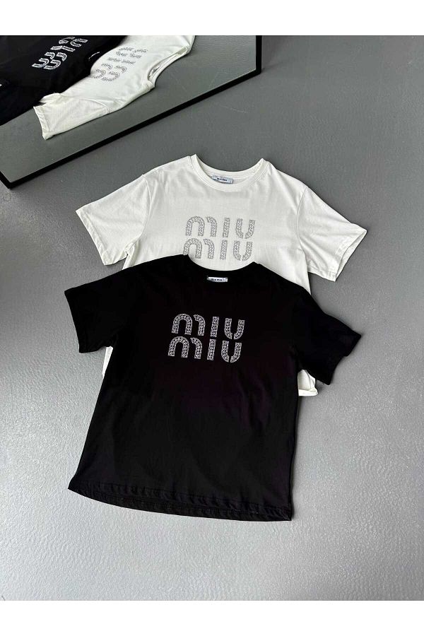 TARGET CH Women s Black Miu Miu Written Short Sleeve T shirt Trendyol