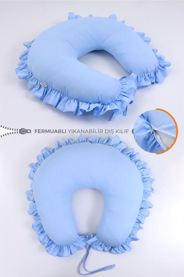 Umaybebek Emzirme Yastığı Minderi, Pamuk Kumaş - Mavi Fırfırlı