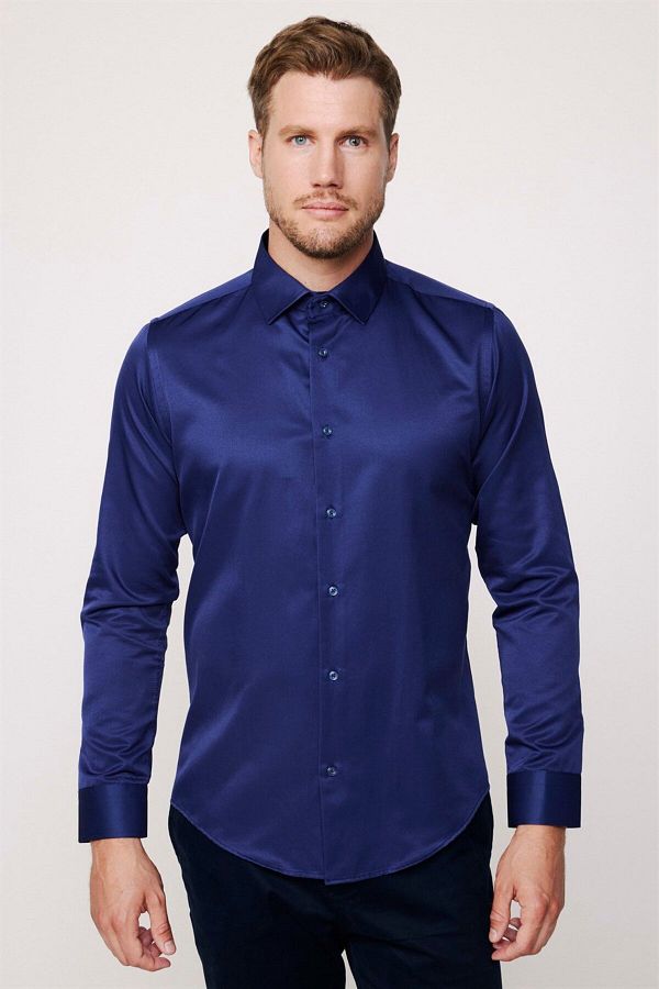 Tudors-Slim Fit Long Sleeve Cotton Plain Men's Navy Blue Shirt 1