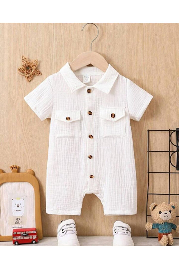 Bubito Unisex Bebek&Çocuk %100 Pamuklu Tahta Düğmeli Cepli Müslin Tulum-Beyaz