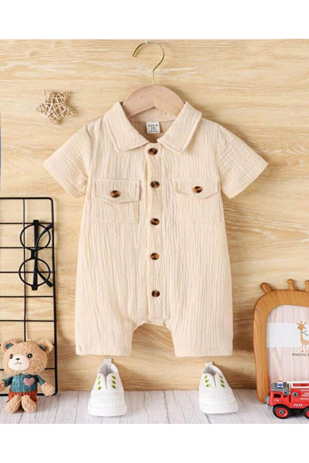 Bubito Unisex Bebek&Çocuk %100 Pamuklu Tahta Düğmeli Cepli Müslin Tulum-Ekru