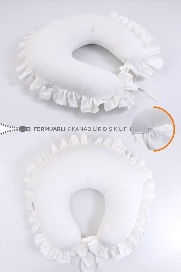 Umaybebek Emzirme Yastığı Minderi, %100 Pamuk Kumaş - Krem Fırfırlı