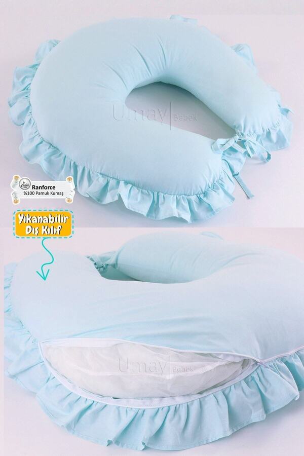 Umaybebek Emzirme Yastığı Minderi - %100 Pamuk - Su Yeşili Fırfırlı