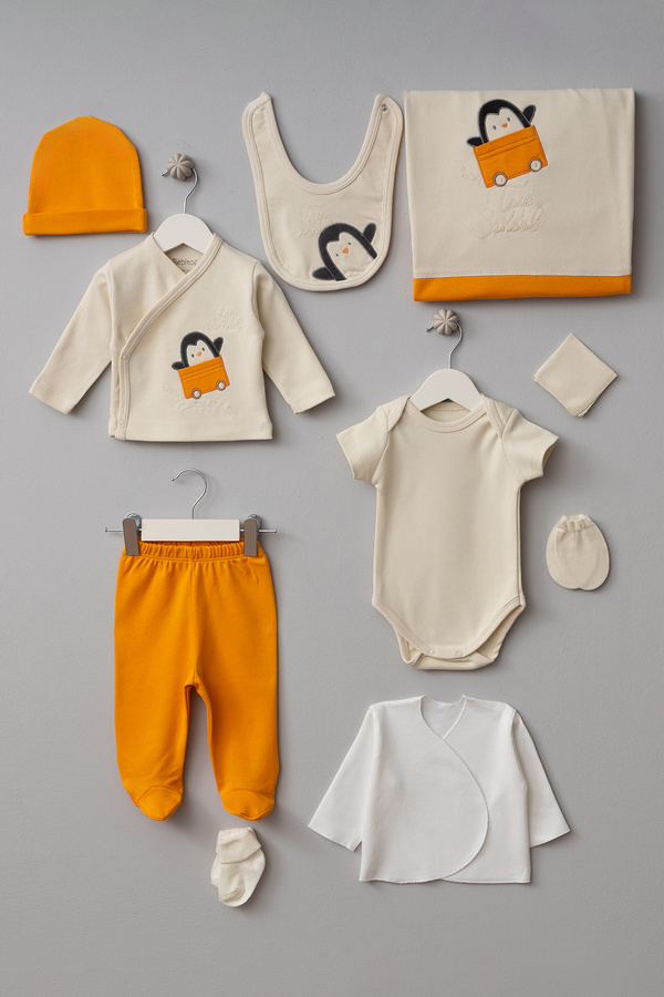 Bebitof Arabalı Penguen Desenli 10 Parça Kutulu Yenidoğan Hastane Çıkısı Seti %100 Pamuk