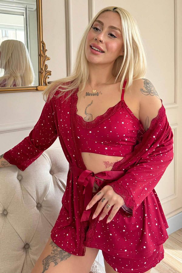 Pijamaevi-Bordeauxrotes Damen-Pyjama-Set aus kurzem Morgenmantel und Shorts aus Bambus mit Mini-Sternenmuster 1