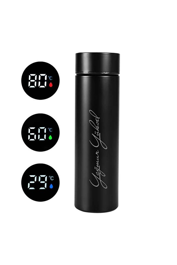 funshop Anneler Gününe Özel Siyah Dereceli Çelik Dijital Led Sıcaklık Göstergeli Akıllı Termos Matara 500ml