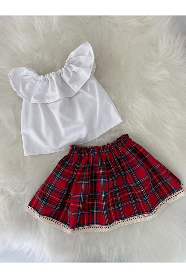 Moda Lina Kız Bebek Beyaz Bluz Ekose Etek Takım