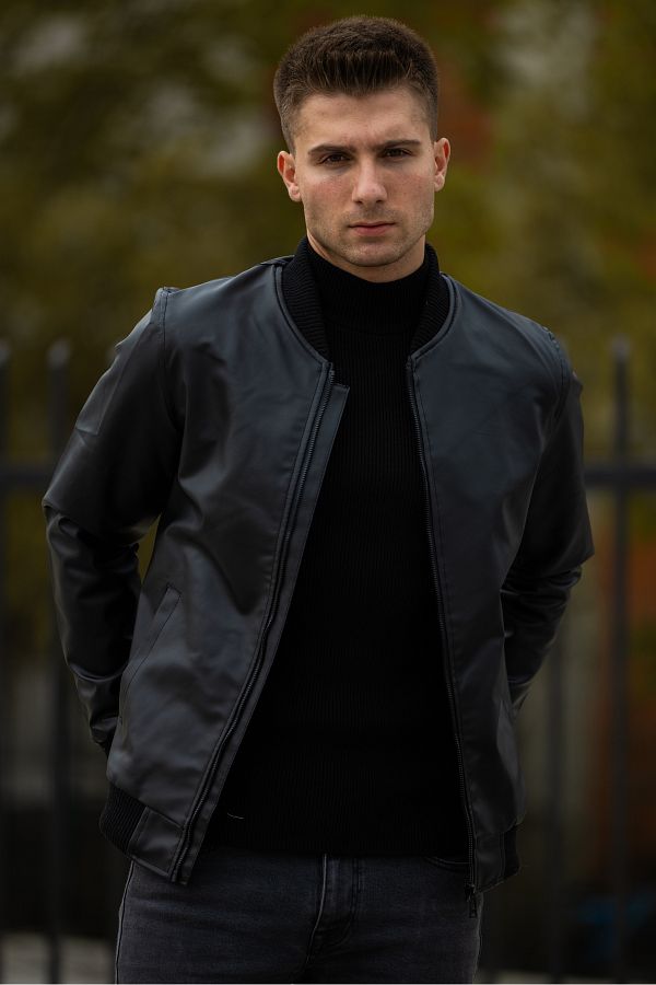 DOCCES Men s Slim Fit Rib Detailed Plain Leather Jacket Trendyol