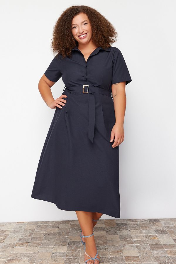 Trendyol Curve Navy Blue Belt Detailed Woven Plus Size Dress Trendyol