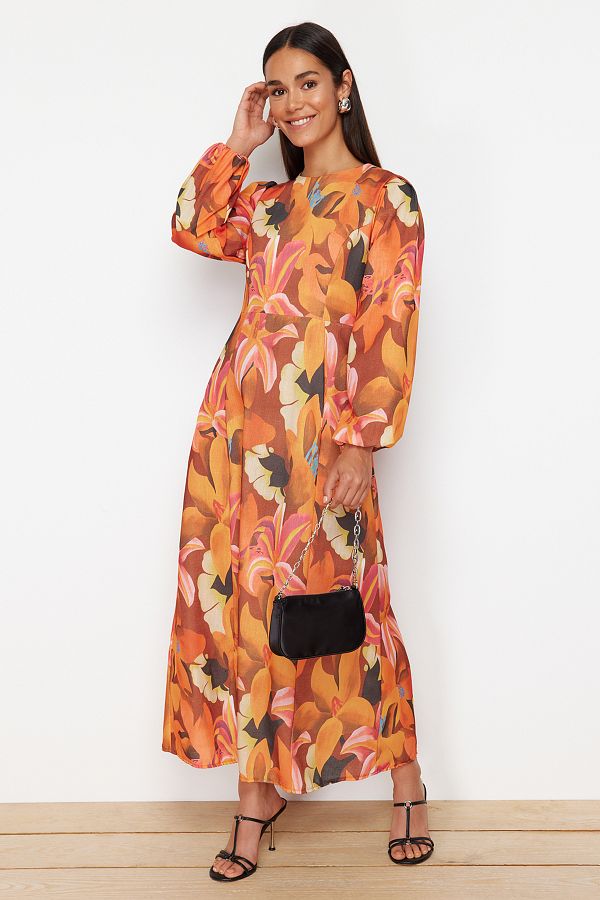 Trendyol Modest-Narancssárga virágmintás szőtt lenvászon ruha TCTSS24EB00102 1